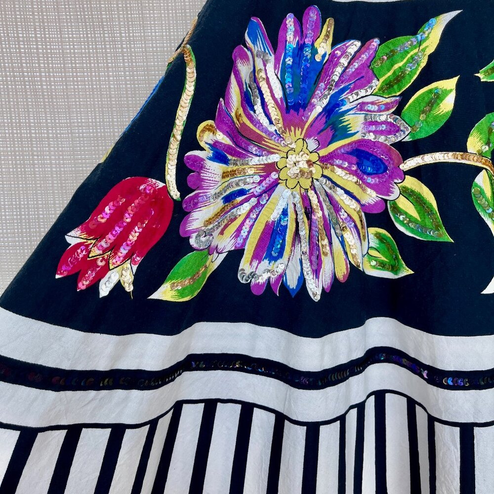 NWT Floral Sequins Skirt Black White Stripe Festive Playful Whimsy Goth Lydia - Picture 9 of 15